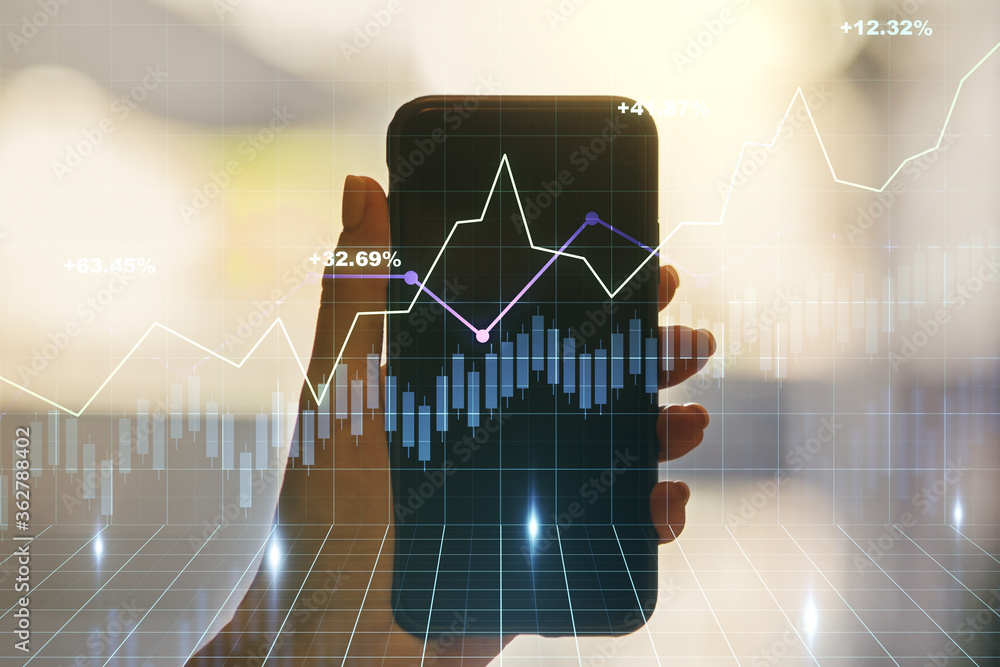 Poster multi exposure of abstract creative financial graph and hand with phone on background, forex and inv
