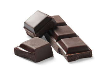 Pieces of delicious dark chocolate isolated on white