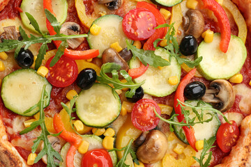 Delicious hot vegetable pizza with mushrooms as background, closeup