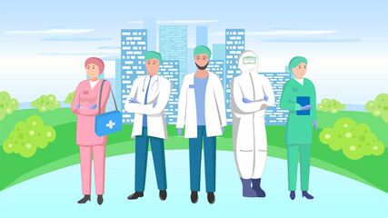 Vector illustration of a medical team on a city background