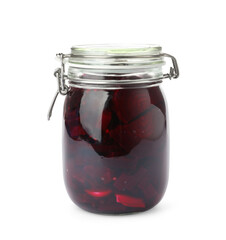 Pickled beets in glass jar isolated on white