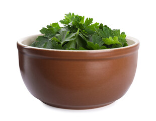 Fresh green parsley in bowl isolated on white