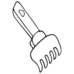 Rake. Sketch. Vector. Outline on an isolated white background. Doodle style. Children toy for beach games and cleaning fallen leaves. Inventory for the development of fine motor skills of the child.