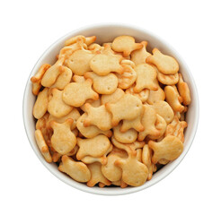 Fototapeta premium Delicious goldfish crackers in bowl isolated on white, top view