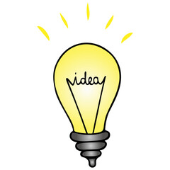 Idea and light bulb. Business element. Vector illustration in cartoon style. Isolated white background. Lettering. The power of thought. Visited inspiration. The process of generating a solution. 