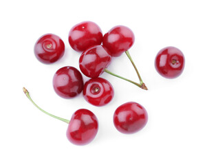 Obraz na płótnie Canvas Bunch of juicy cherries on white background, top view