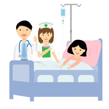 Doctor and nurse come to check up patient's sympton who lying on the bed and having an intravenous fluid on right hand vector