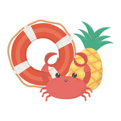 summer travel and vacation beach lifebuoy crab and pineapple isolated design icon