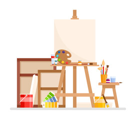 Art studio interior. Vector set of art tools, supplies, instruments for painting, drawing, sketching in cartoon style. Easel, brushes, palette, canvas, pencils, paints, watercolor for exhibition.