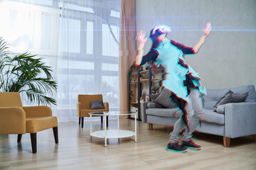 Fototapeta na wymiar Woman is using virtual reality headset. Image with glitch effect.