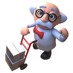 3d cartoon mad scientist character using a hand cart trolley to deliver some parcels and packages - 362793000