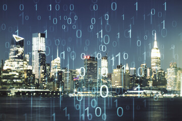 Abstract virtual binary code illustration on New York city skyline background. Big data and coding concept. Multiexposure