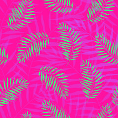 Fototapeta na wymiar Seamless pattern of palm leaves. Vector illustration of summer leaves on a colored background. Wallpaper.