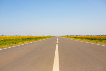 An asphalt road with a white dividing line that stretches away into the distance among fields of...