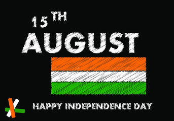 15th august writing text with Indian flag on black chalkboard. celebrate Independence Day