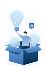 Happy  male character in an opened cardboard box. Successful businessman holds idea bulb. Brainstorming concept.