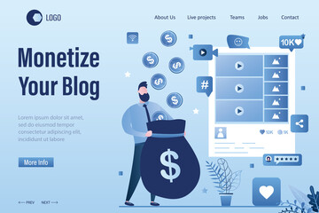 Monetize your blog landing page template. Businessman blogger creates media content and receives payments. Advertising revenue, earnings.