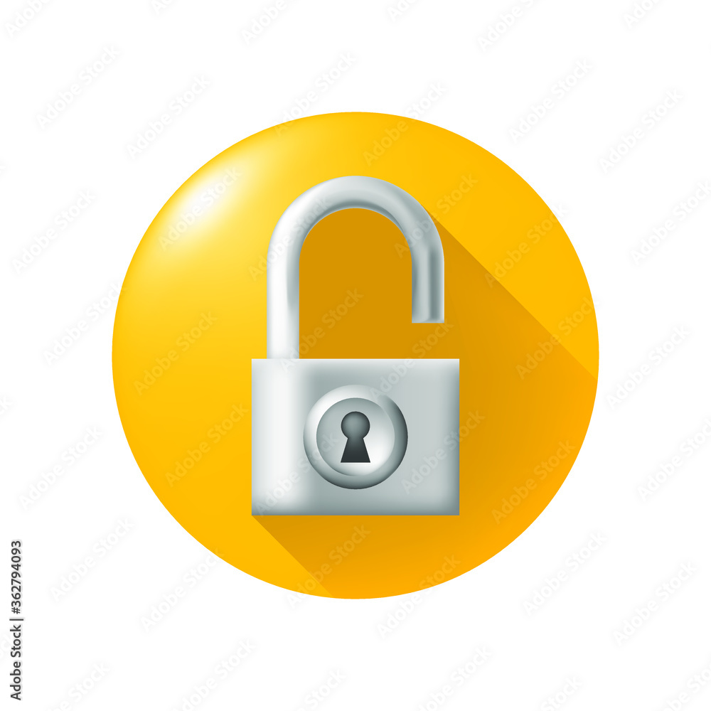 Poster cute realistic lock open icon on yellow button on white background . isolated vector illustration