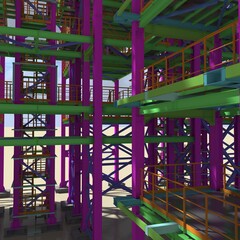 Structural BIM model of a large industrial building. Presentation of BIM design and construction technology for the construction customer. 3D rendering.