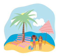 Fototapeta na wymiar summer people activities, cartoon girls with deck chairs ball and umbrella, seashore relaxing and performing leisure outdoor