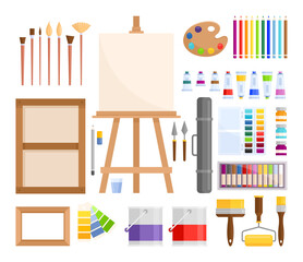 Art tools. Vector set of flat art supplies, instruments for painting, drawing, sketching in cartoon style. Easel, brushes, palette, canvas, pencils, paints, watercolor for Art studio and exhibition.