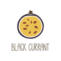 Cute colored caption half black currant isolated on transparent background. Colorful pictogram original design. Can be used for infographics, identity or decoration. Vector shabby hand drawn illustrat