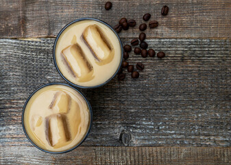 Top view of iced latte coffee.
