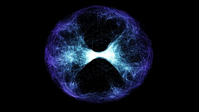 Glowing Neural Network Sphere, Visualization of AI, Artificial Intelligence web, futuristic computing power, circular network of purple and blue dots and lines moving in an energy vortex in space, 4K.