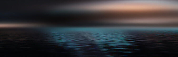 Obraz premium Light neon effect, energy waves on a dark abstract background. Laser colorful neon show. Reflection of light in the water. Dark sky, ocean. Smoke, fog. 3d illustration