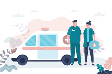 Man and woman doctors near ambulance van. Medical services concept. Emergency, medical transport and staff in professional uniform. First aid © Marina