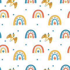Seamless pattern of dinosaur pterodactyl and rainbow. Colorful seamless texture for kids. Swatch of cartoon background. Stock vector illustration on white background.