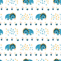 Seamless pattern of dinosaurs, palm tree, volcano. Colorful seamless texture for kids. Swatch of cartoon background. Stock vector illustration on white background.
