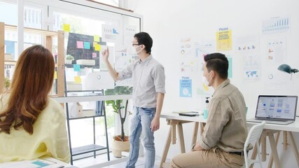 Asia businesspeople meeting brainstorming ideas conducting business presentation ideas project colleagues and wear protective face mask back in new normal office. Lifestyle and work after coronavirus.