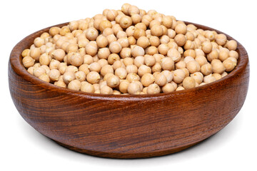 A heap of raw chickpeas in wooden bowl