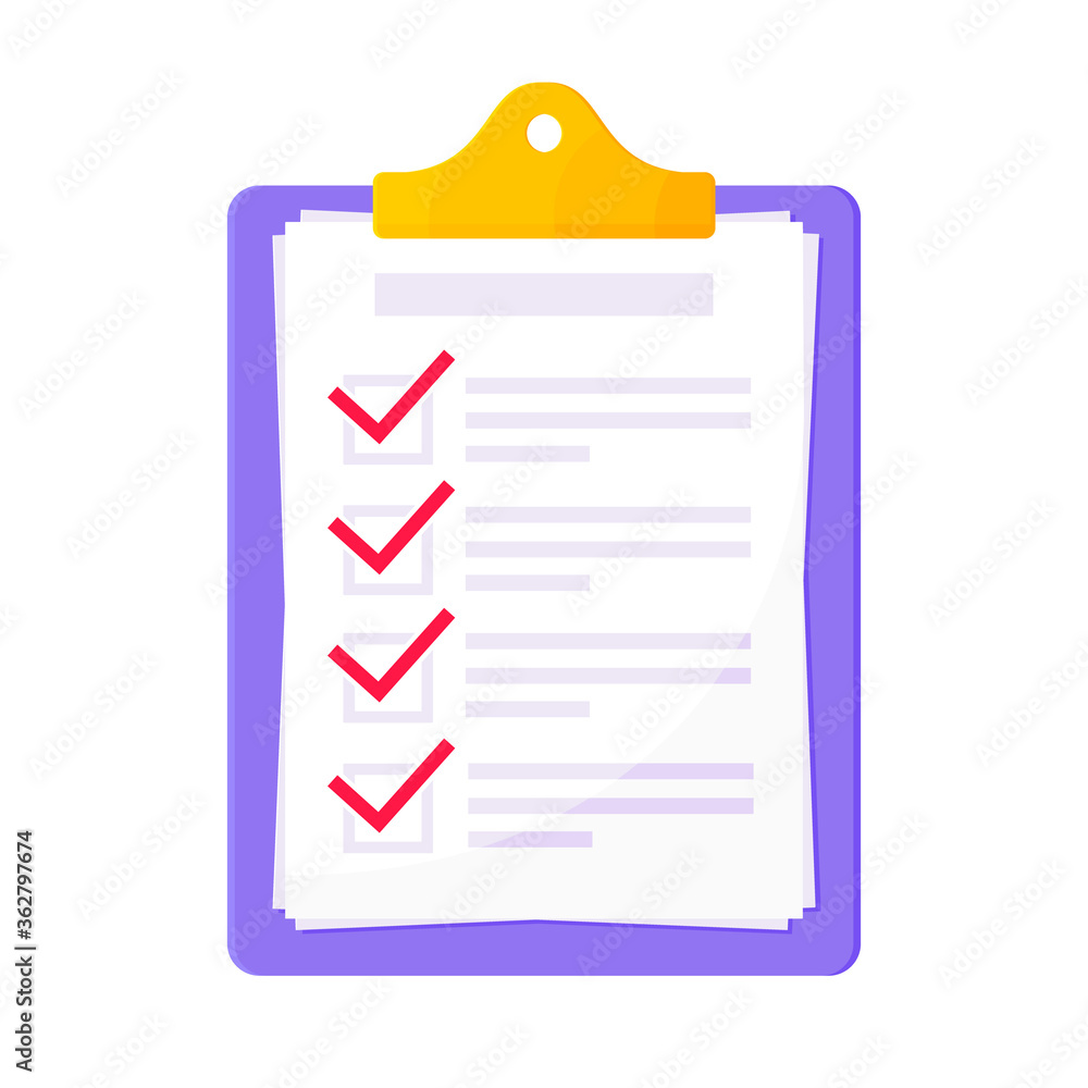 Poster clipboard with complete checklist flat style design icon sign vector illustration isolated on white 