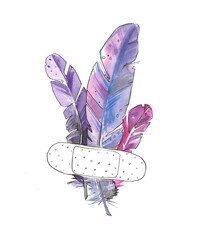 A few purple feathers with patch painted by watercolor isolated on white