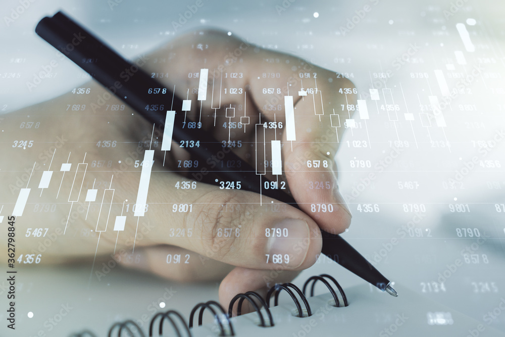 Poster multi exposure of creative statistics data hologram with man hand writing in notebook on background,