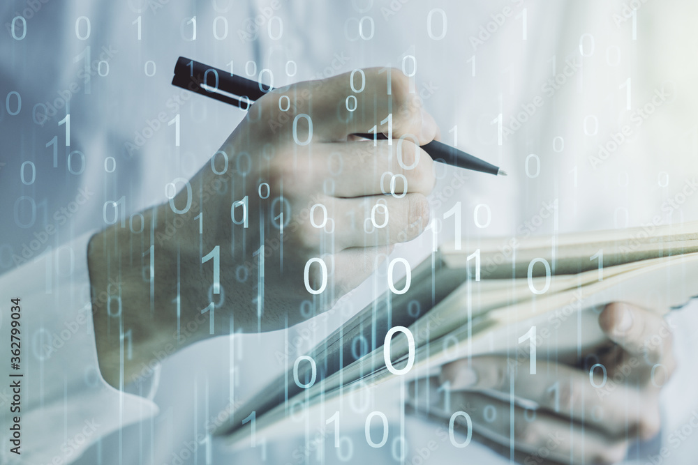 Leinwandbilder Creative concept of binary code illustration and man hand writing in notebook on background. Big data and coding concept. Multiexposure