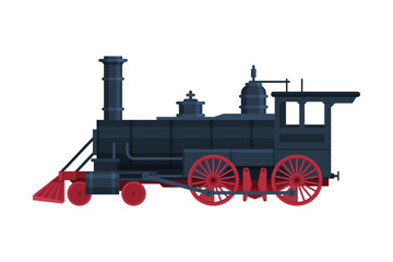Fototapeta na wymiar Vintage Locomotive, Old Train, Railroad Transportation Flat Vector Illustration on White Background