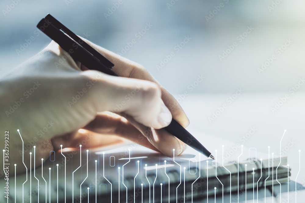 Poster creative concept of microscheme illustration and woman hand writing in notebook on background. big d