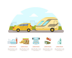 Naklejka premium Camping Van for Travelling and Relocation Web Page and Banner Vector Template