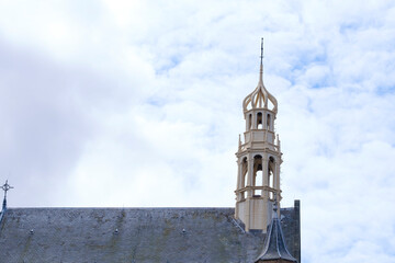The Hague, The Netherlands - May 15 2020. A view of a church tower on the centre of The Hague, Netherlands