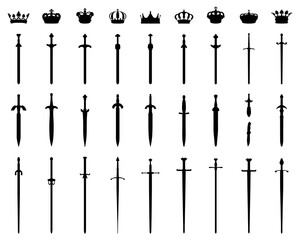 Black silhouettes crowns  and swords on a white background