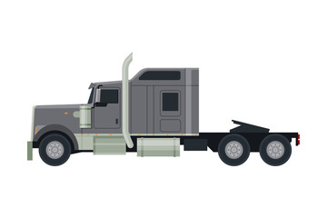 Modern Semi Truck, Cargo Delivery Gray Vehicle, Side View Flat Vector Illustration on White Background