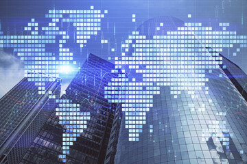 Double exposure of business theme hologram drawing and city veiw background. Concept of success.