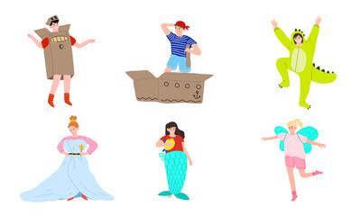 Set of children performing in different handmade costumes on stage