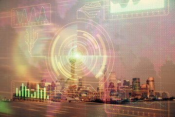 Data theme hologram drawing on city view with skyscrapers background double exposure. Ai concept.