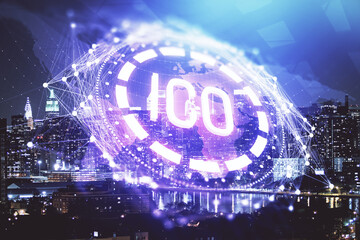 Multi exposure of cryptocurrency theme hologram drawing and city veiw background. Concept of blockchain and bitcoin.