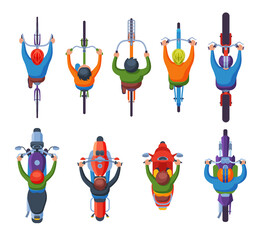 People Riding Motorcycles and Bicycles Collection, View from Above Flat, Cyclists and Motorcyclists Characters Vector Illustration