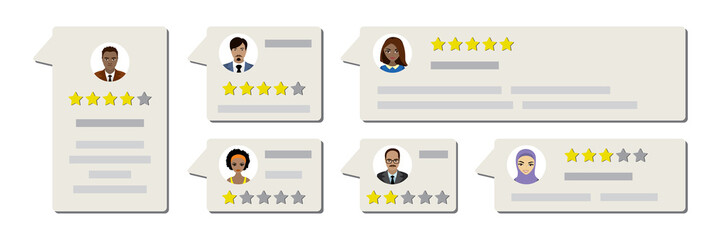 Set of positive, negative reviews. Testimonials template for web. Customer feedback. Grading system. Messages with various people avatars.